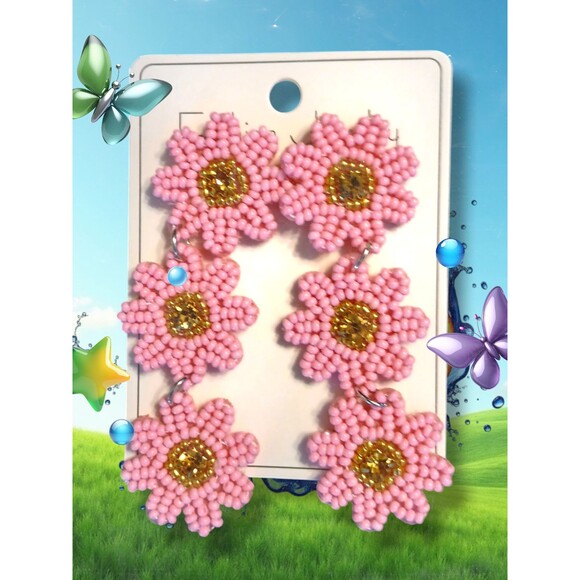 3 Three Pink Seed Beaded Flower Dangle 3.1" L Earrings - Picture 1 of 6